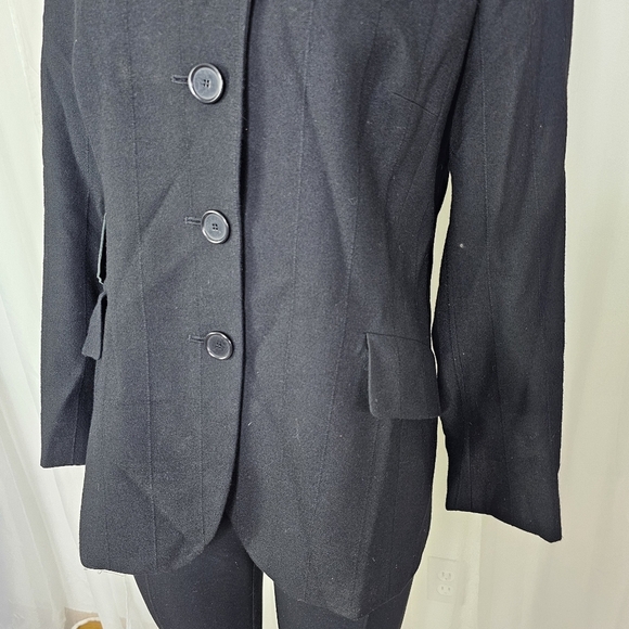 Akris Punto black wool military jacket blazer leather trim mono pinstripe 8 - Picture 3 of 12